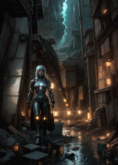 Cyberpunk concept. Portrait of an attractive cyberpunk girl in hi-tech clothes standing in the neon lights of the night city. Game, virtual reality.