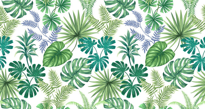 Leaf Variety of types. Seamless pattern with tropical leaves white blackground used for decorative design.