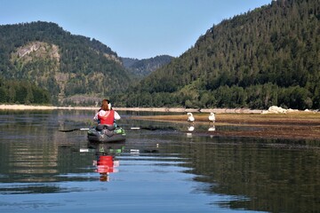 woman with a kayak on a lake with swans
