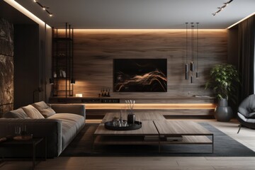 Luxurious living room with led lights, black details and a chic sofa close-up, sleek design, hardwood floors.