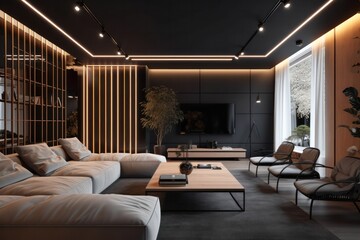 Luxurious living room with led lights, black details and a chic sofa close-up, sleek design, hardwood floors.