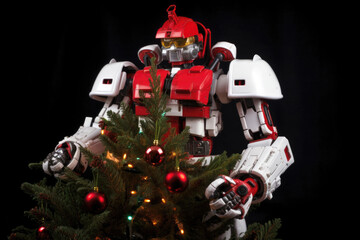 Fototapeta na wymiar Red and white robot as Santa Claus holding Christmas tree on black. Creative Christmas image.