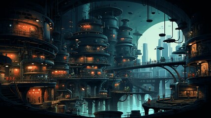An illustration of a futuristic underground city with buildings at night AI Generated