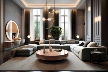 Luxurious living room with wooden sleek design, chic sofa, hardwood floors and details