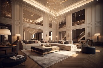 Fototapeta na wymiar Luxurious living room with wooden sleek design, chic sofa, hardwood floors and details