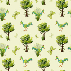 Watercolor seamless pattern with a bird. Prehistoric bird Ostrich. Children's illustration in doodle style.