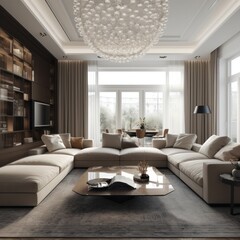 Elegant living room with a close-up of a comfortable sofa, area rug, and luxurious modern furniture.