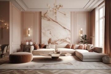 Fototapeta premium Lavish Living Room and Dining room with Designer Furniture, High Ceilings, and Elegant Decorative Accents.