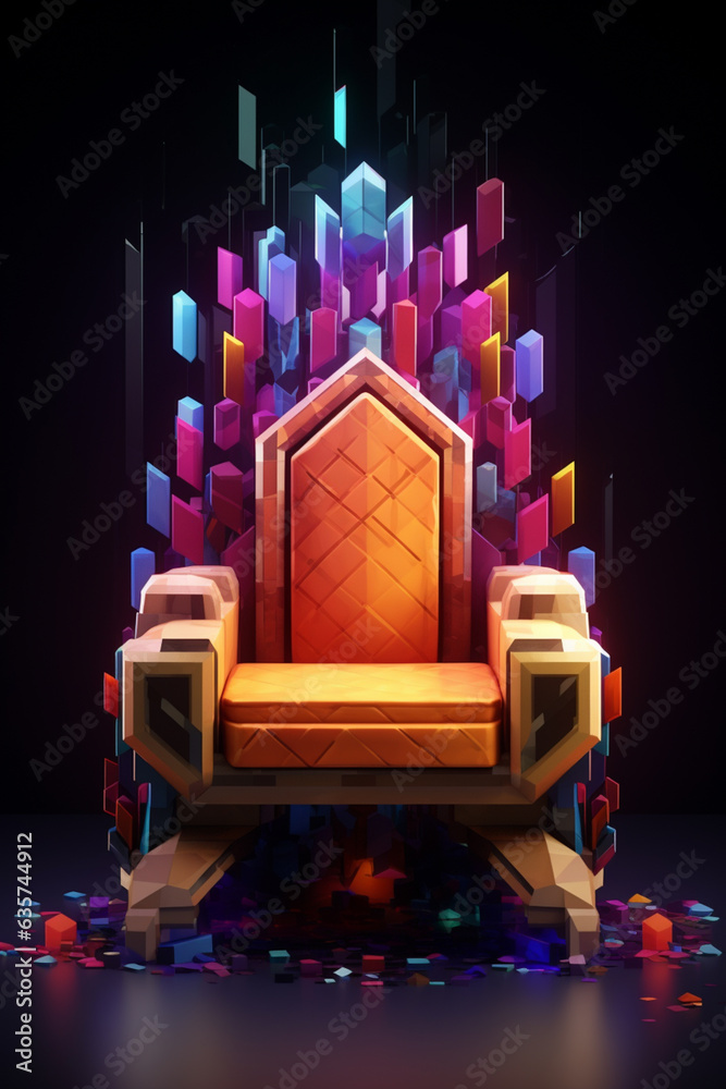 Poster a geometric-themed queen's throne made of geometrically shaped materials, showcasing a fusion of mod