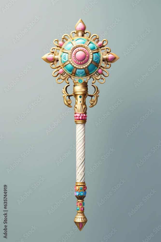 Poster a pastel-colored geometric king's scepter adorned with intricate geometric motifs and gentle hues, s
