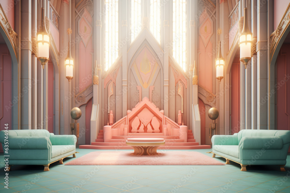 Poster A pastel-colored geometric-inspired king's throne room with soft hues and angular architecture, creating a serene and regal atmosphere. Generative AI technology.