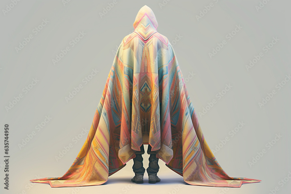 Poster a pastel-colored geometric-patterned cape worn by a king, featuring symmetrical designs and subtle p