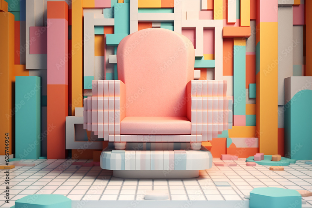 Poster a pastel-colored geometric-style throne with clean lines and soft geometric patterns, creating a har