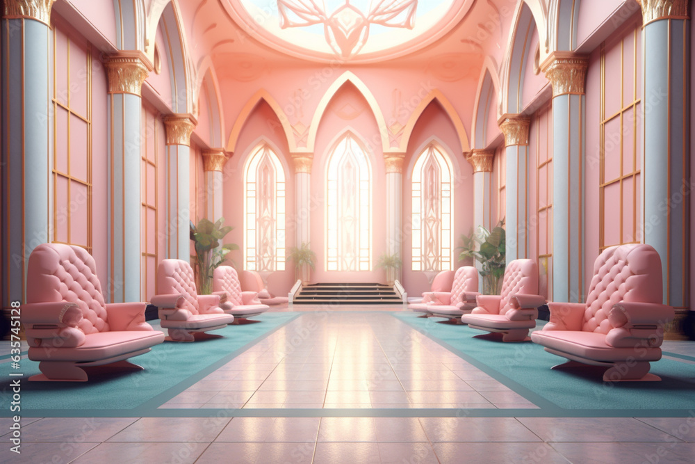 Poster a pastel-colored geometric-inspired king's throne room with soft hues and angular architecture, crea