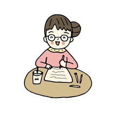 Happy woman sit at table writing letter. Happy girl at table handwriting on paper making notes. Hand drawn style vector illustration.