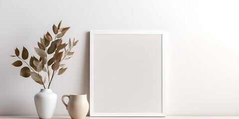 Square poster mockup with golden metal frame standing on wooden table and decorated with jug and green plants in basket on empty white wall background. 3D rendering