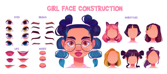 Girl character face avatar construction for animation. Isolated female mouth, brow, lips, nose and hairstyle set to create young person. Generator for lady with brunette ponytail or blue kanekalon - obrazy, fototapety, plakaty