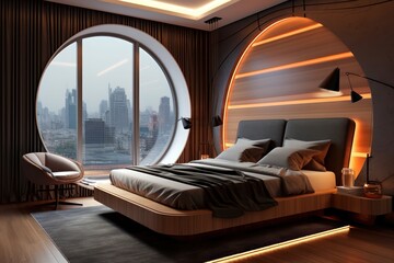 Elegant hotel bedroom with luxurious amenities, warm hardwood floors, and modern LED lighting.
