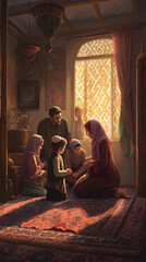 Obraz na płótnie Canvas Islamic Prayers: Muslim Family Performing Salah Together Illustration