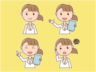 カルテを持って説明する_案内する_困る看護師さん__白衣女性の4ポーズセット_白フチあり