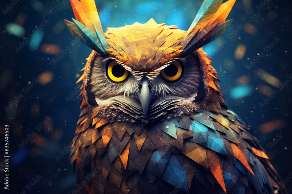 Poster An image portrays a watercolor geometric style rendering of a curious owl, with its intricate feathers depicted using geometric patterns and delicate watercolor washes, Generative AI technology.