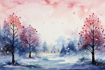 Pretty fantasy christmas background with space for text. Watercolour style image with stars on trees on a watercolour wash background in colours dusky pink, blue, red and purple. Great for social medi