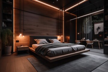 Modern, spacious bedroom highlighted by elegant upholstery and tasteful wood decor, captured in...