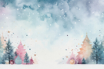 Pretty fantasy style christmas background with space for text. Watercolour style image with trees and a couple of baubles on a watercolour wash background