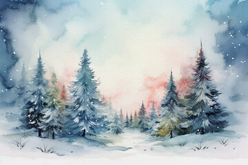 Pretty fantasy style christmas background with space for text. Watercolour style image with christmas trees  on a watercolour wash background