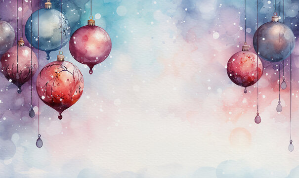 Pretty christmas background with space for text. Loose watercolour style image with baubles hanging on the left & right sides, on a watercolour wash background, website header, social media, card