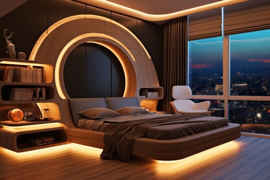 Modern, spacious bedroom highlighted by elegant upholstery and tasteful wood decor, captured in vivid detail. 3d render, generative AI