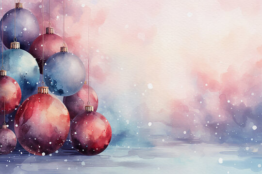 Pretty christmas background with space for text. Loose watercolour style image with baubles together at the left hand side, on a watercolour wash background, website header, social media, card