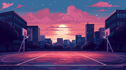 An illustration of the basketball court in the city at sunset AI Generated - obrazy, fototapety, plakaty