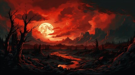 An illustration of a landscape after a cataclysmic event with red sunset AI Generated