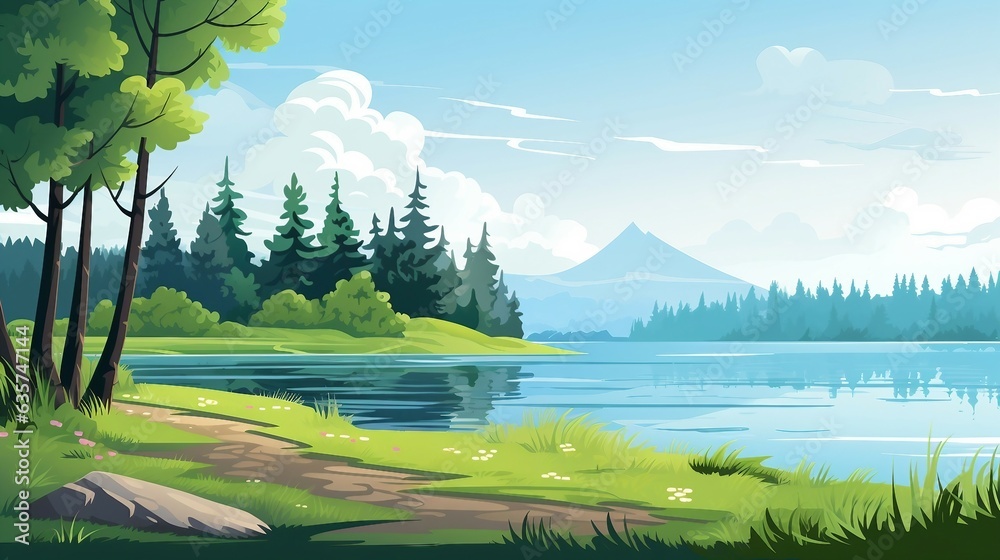 Canvas Prints An illustration of a beautiful forest landscape with a lake and mountains AI Generated