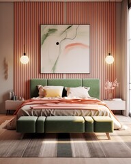 Modern, pale green and pink bedroom. Close up details of contemporary design of bedroom.