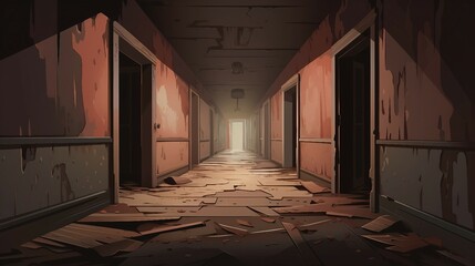An illustration of an old hallway with broken walls and a light coming from the door AI Generated