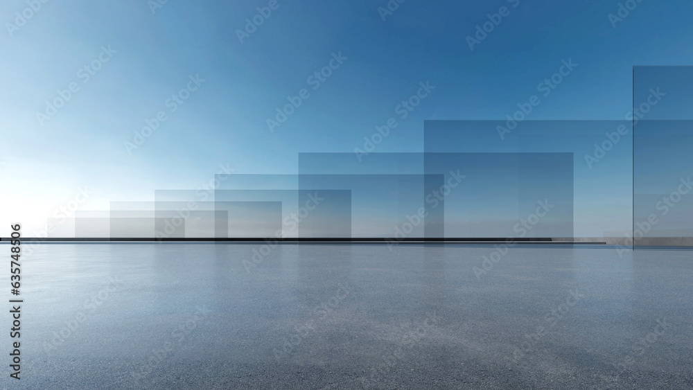 Fototapete 3d render of abstract futuristic glass architecture with empty concrete floor.