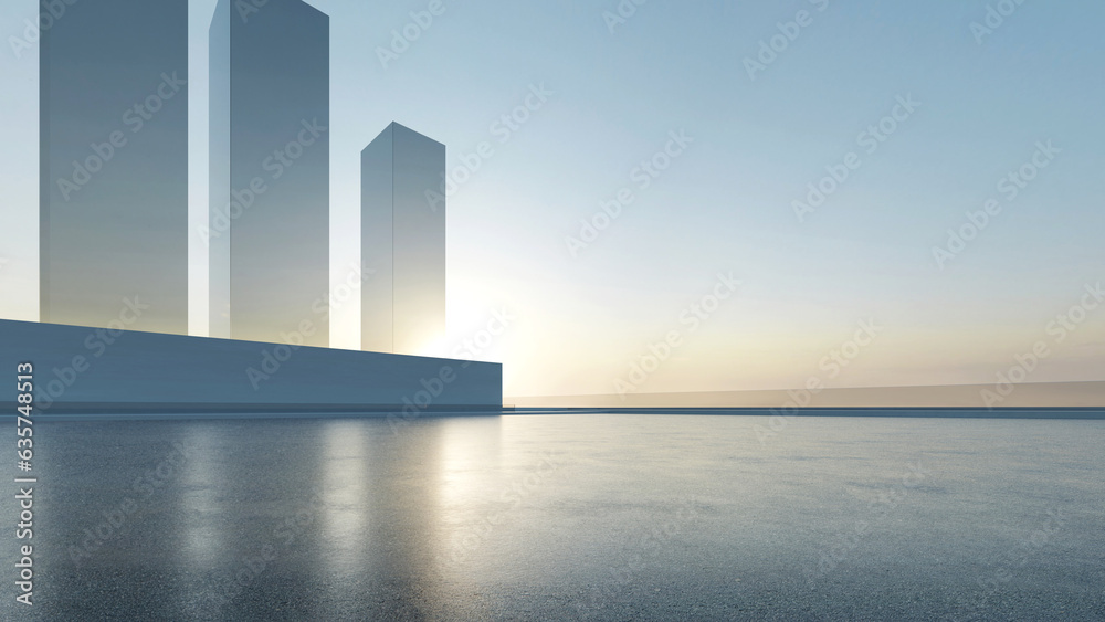 Poster 3d render of abstract futuristic glass architecture with empty concrete floor.