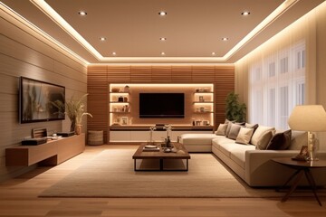 Elegant living room with a close-up of a comfortable sofa, area rug, and contemporary modern furniture. 3d accent walls and LED lights