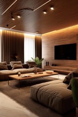 Elegant living room with a close-up of a comfortable sofa, area rug, and contemporary modern furniture. 3d accent walls and LED lights - 635748576