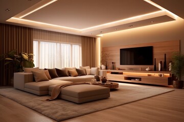 Fototapeta na wymiar Elegant living room with a close-up of a comfortable sofa, area rug, and contemporary modern furniture. 3d accent walls and LED lights