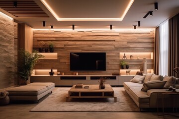 Elegant living room with a close-up of a comfortable sofa, area rug, and contemporary modern furniture. 3d accent walls and LED lights