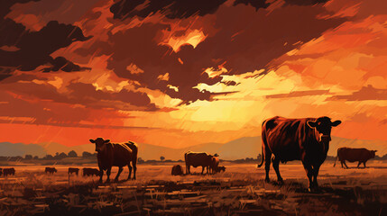 Fototapeta na wymiar Cows in sunset