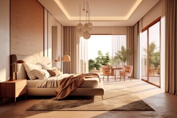Modern, pale colors bedroom. Close up details of contemporary design of bedroom with upholstery walls and wooden furniture..