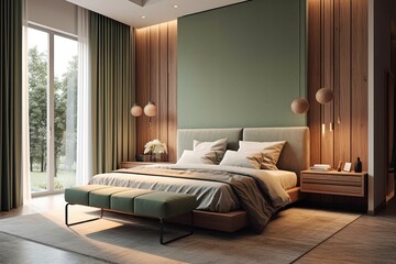 Modern, pale colors bedroom. Close up details of contemporary design of bedroom with upholstery...