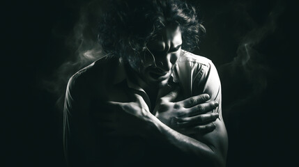 An intense black and white image showing a person clutching their chest in agonizing pain, their face contorted with distress