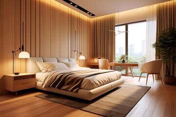 Modern, pale colors bedroom. Close up details of contemporary design of bedroom with upholstery walls and wooden furniture..