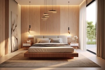 Modern, pale colors bedroom. Close up details of contemporary design of bedroom with upholstery walls and wooden furniture..