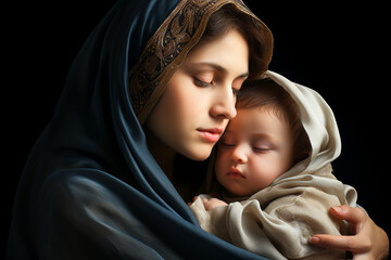  Holy Mary holding baby Jesus Christ in her arms. Graphic representation. AI generativ.